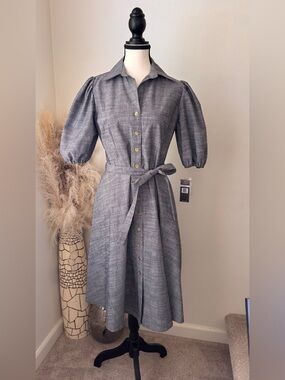 Sharagano NY Dark Navy/Gray Puff-Sleeve Midi Shirt Dress with Tie Belt - 6 (NWT)